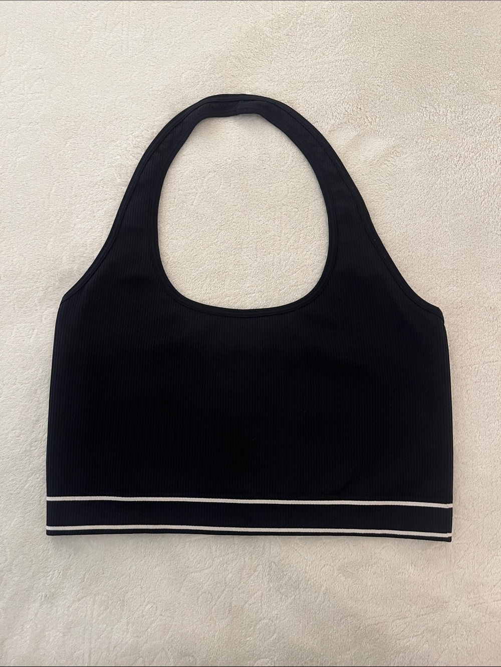 Athleta Black Ribbed Halter Sports Bra White Stripes Low Impact Yoga Pilates